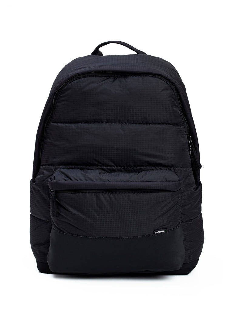 Mueslii XXL puffer backpack made of coated nylon and Ykk zips, color  black - rip stone nylon,  frontal view.