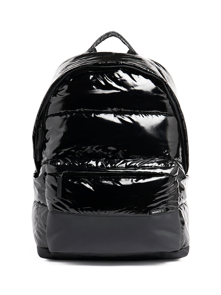Mueslii XXL puffer backpack made of metal coated nylon and Ykk zips, color metal black. Cabin luggage, capacity: 50 liters.