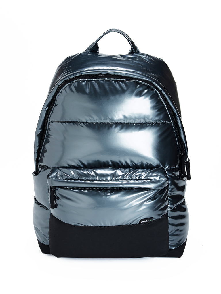 Mueslii XXL puffer backpack made of metal coated nylon and Ykk zips, color stone coal metal. Cabin luggage, security Ykk fastening clip.