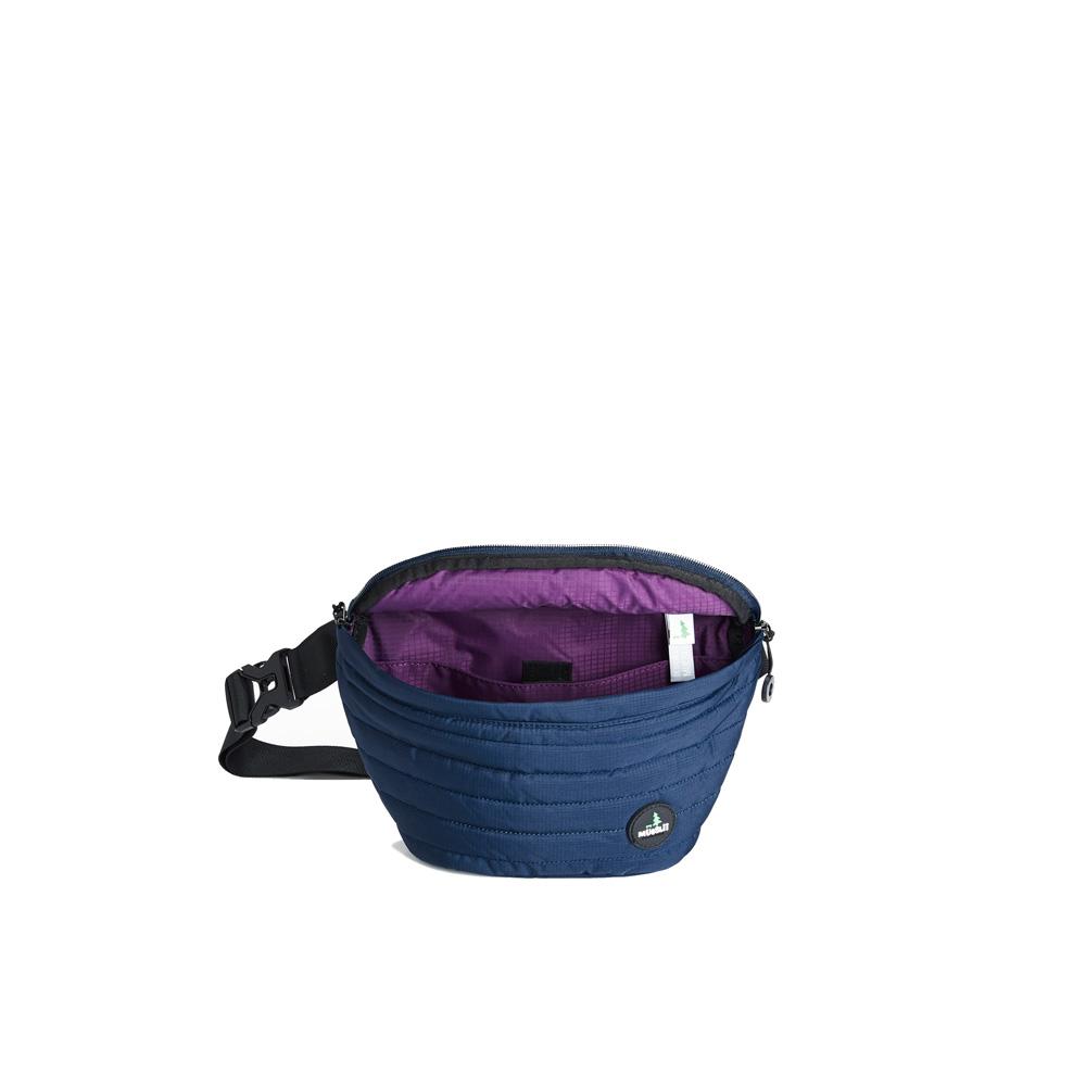 Mueslii puffer waist bag, made of high density nylon and Ykk zips, color blue, large size, inside view.