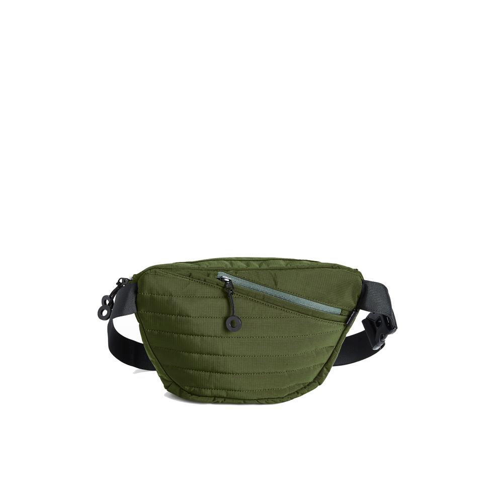 Mueslii puffer waist bag, made of high density nylon and Ykk zips, color green, large size, back view.