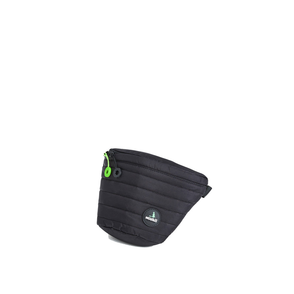 Mueslii puffer waist bag, made of high density nylon and Ykk zips, color  hight tech black, medium size.