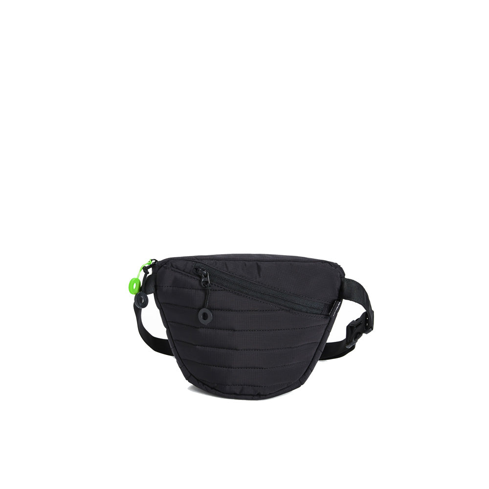 Mueslii puffer waist bag, made of high density nylon and Ykk zips, color high tech black, medium size, back view.