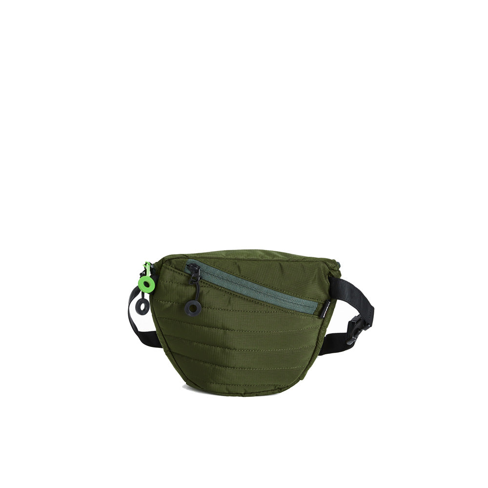 Mueslii puffer waist bag, made of high density nylon and Ykk zips, color high tech green, back side.