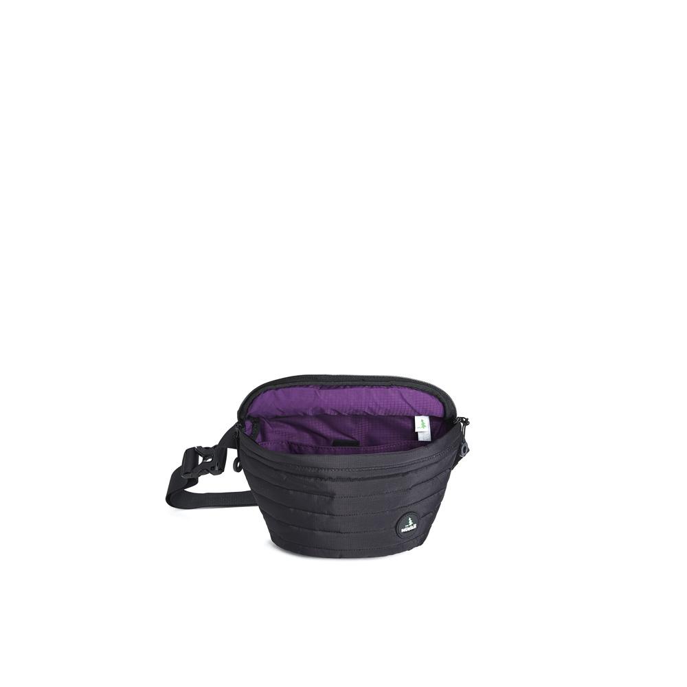 Mueslii puffer waist bag, small size, made of high density nylon and Ykk zips, color pitch black, inside view.