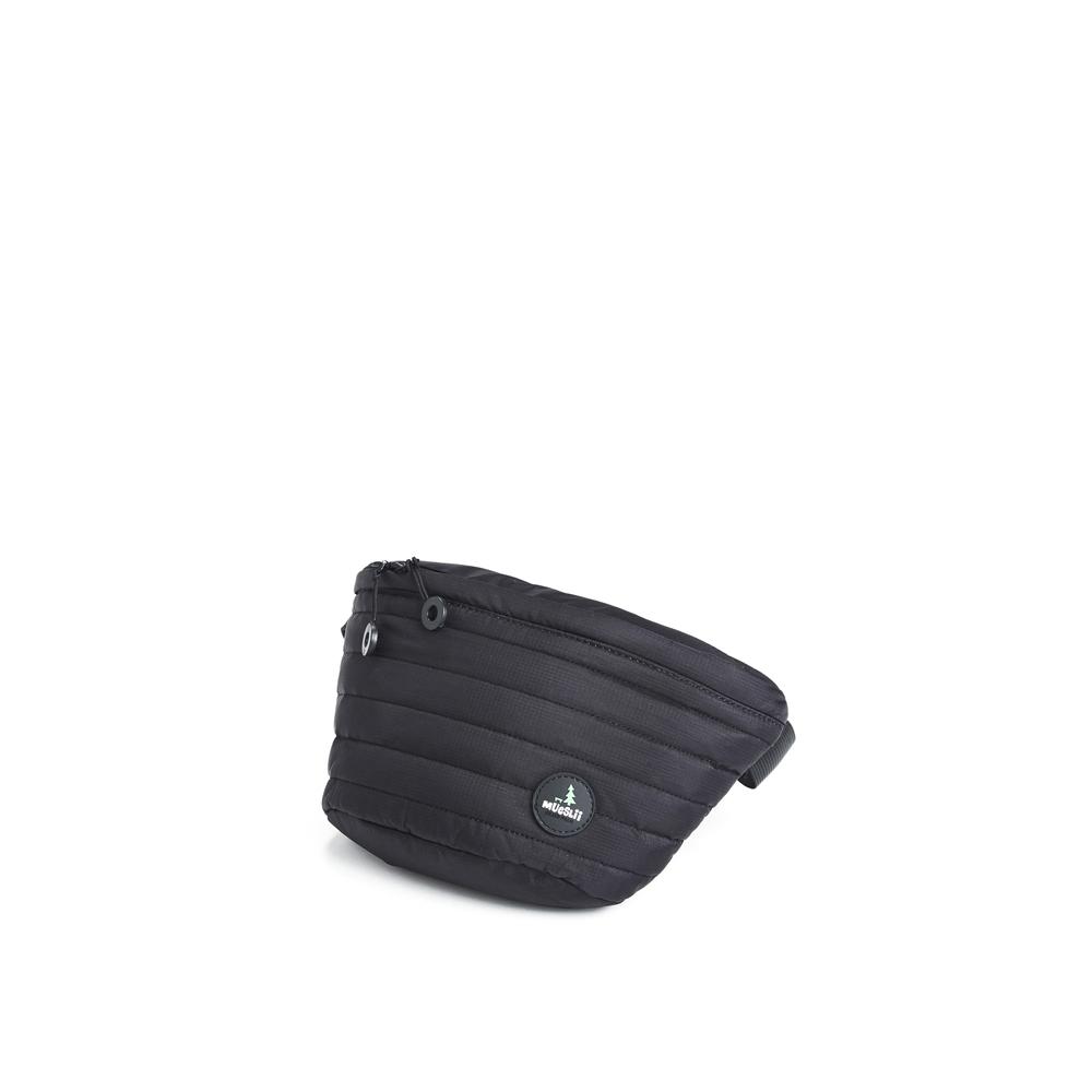 Mueslii puffer waist bag, made of high density nylon and Ykk zips, color pitch black, large size.