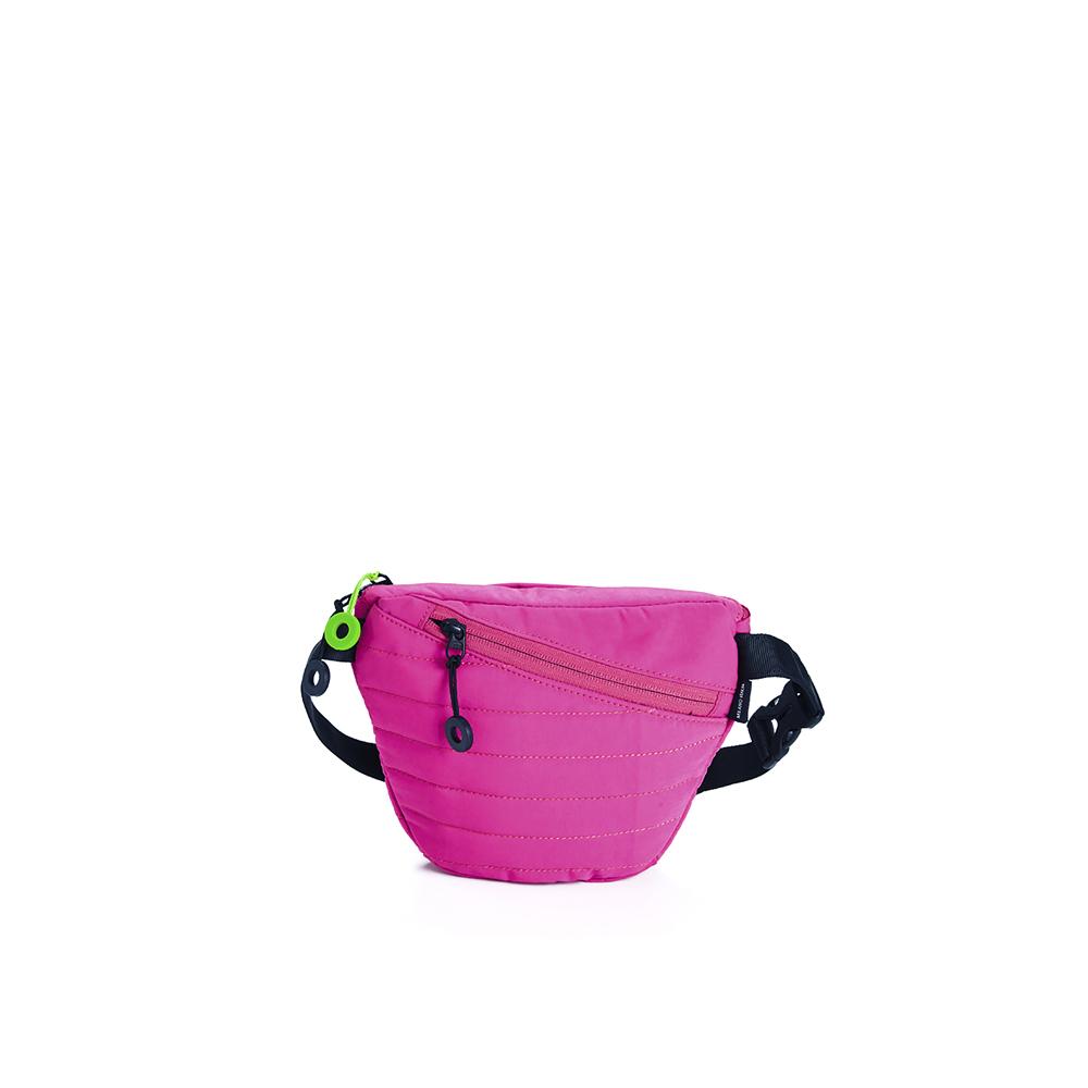 Mueslii puffer waist bag, small size, made of high density nylon and Ykk zips, color pink pop, back view.