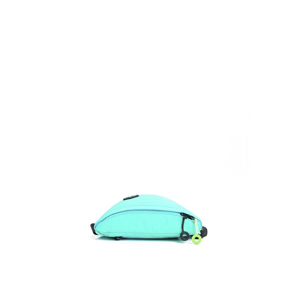 Mueslii puffer waist bag, small size, made of high density nylon and Ykk zips, color aqua blue pop, rear extra security pocket.