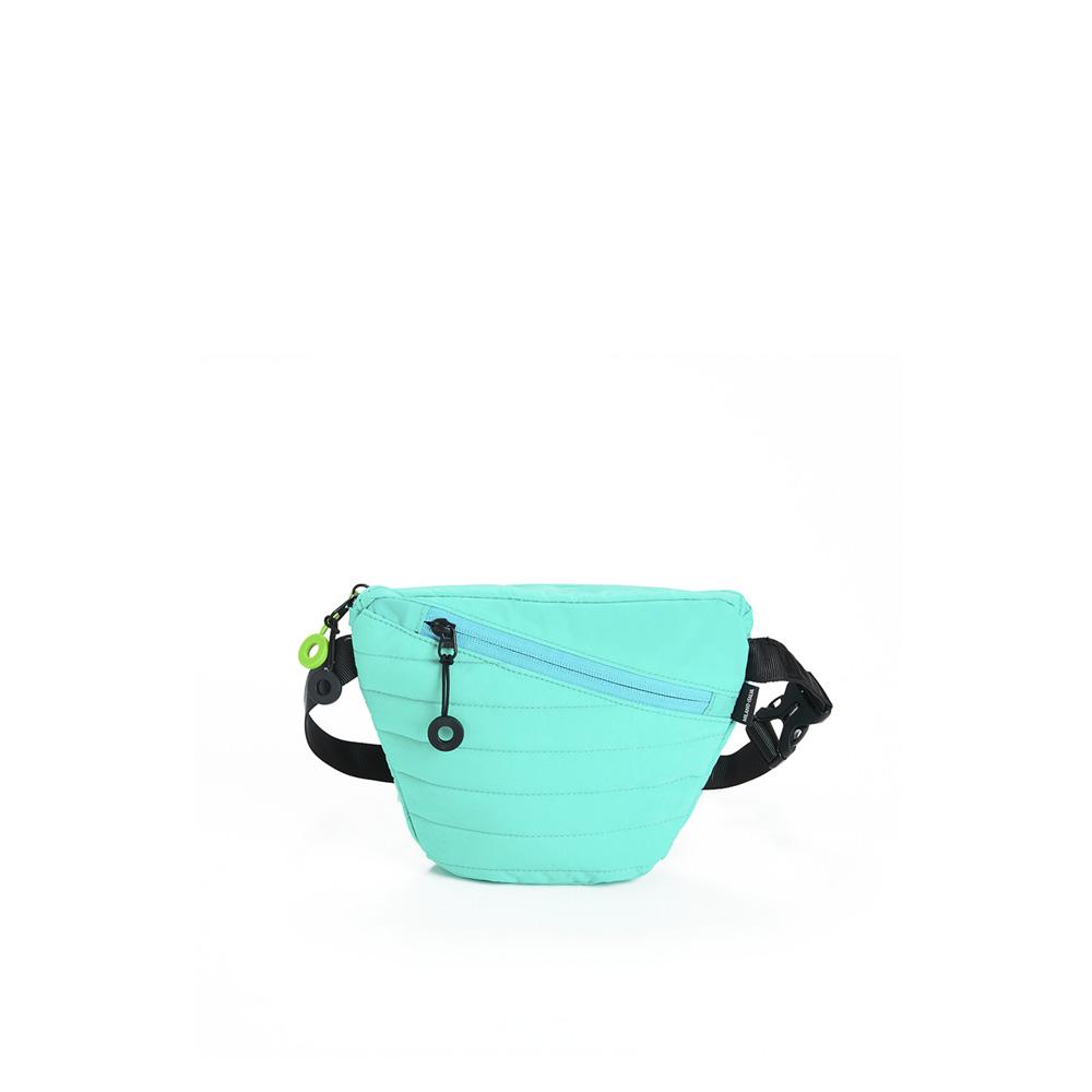 Mueslii puffer waist bag, small size, made of high density nylon and Ykk zips, color aqua blue pop, back view.