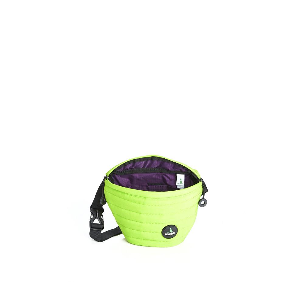 Mueslii puffer waist bag, small size, made of high density nylon and Ykk zips, color green  fluo pop, inside view.