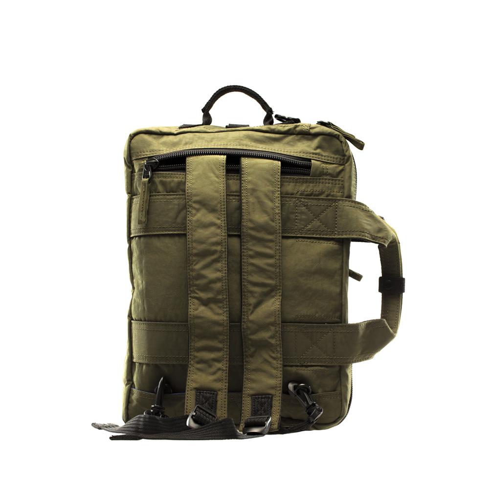 Mueslii classic 3 ways that can be used as backpack a shoulder bag or a briefcase, color  army green, back side.