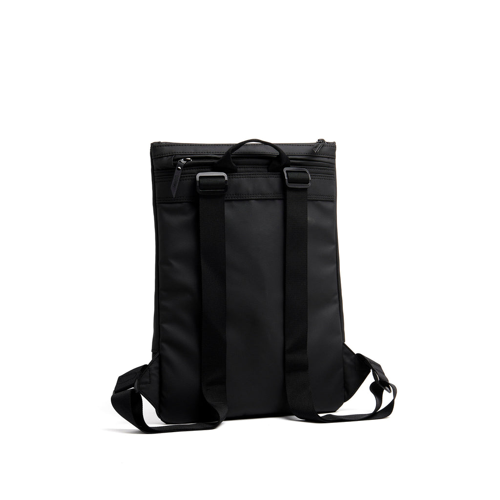 Mueslii light backpack,  made of PU coated waterproof nylon, with a laptop compartment, color black, back view.