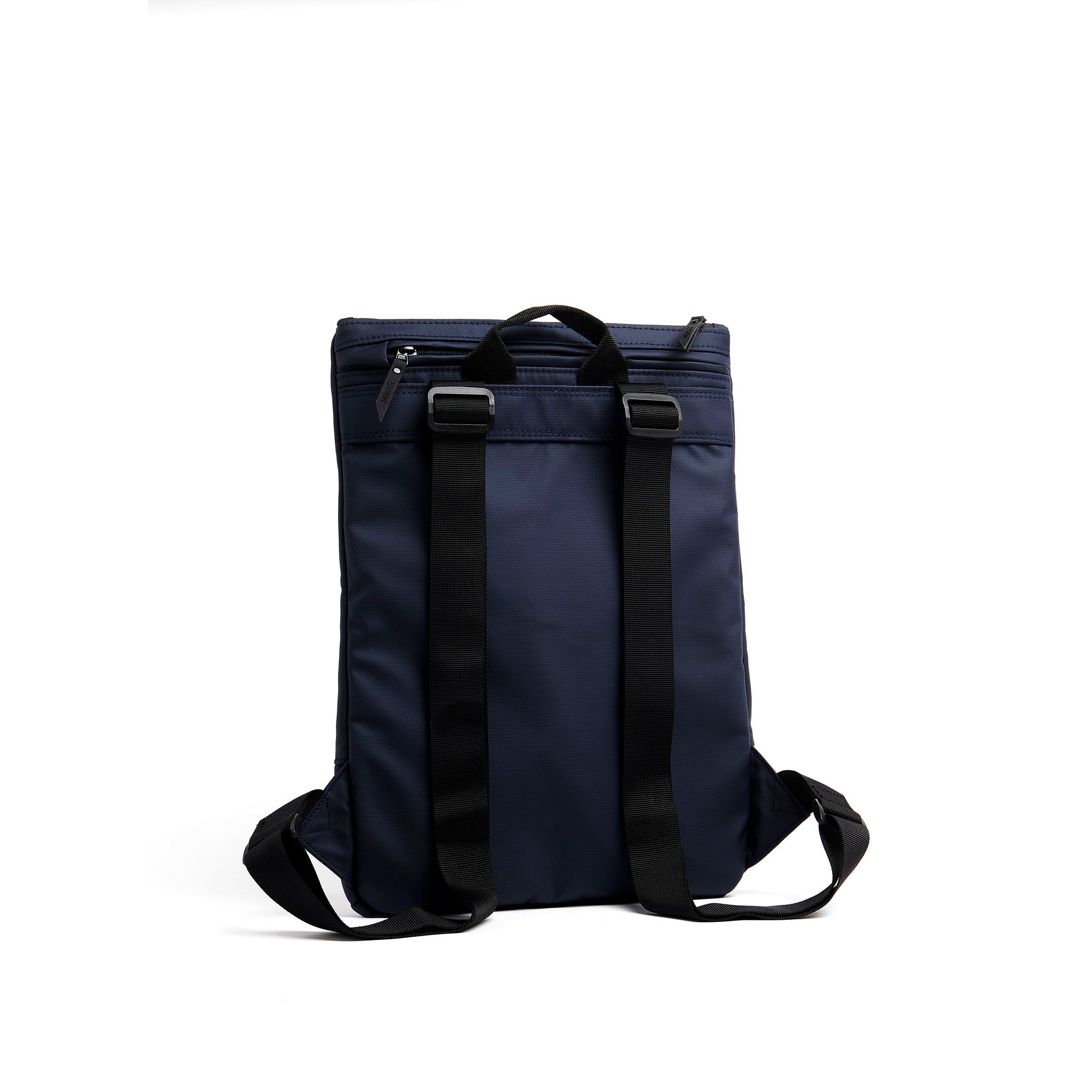 Mueslii light backpack,  made of PU coated waterproof nylon, with a laptop compartment, color blue, back view.