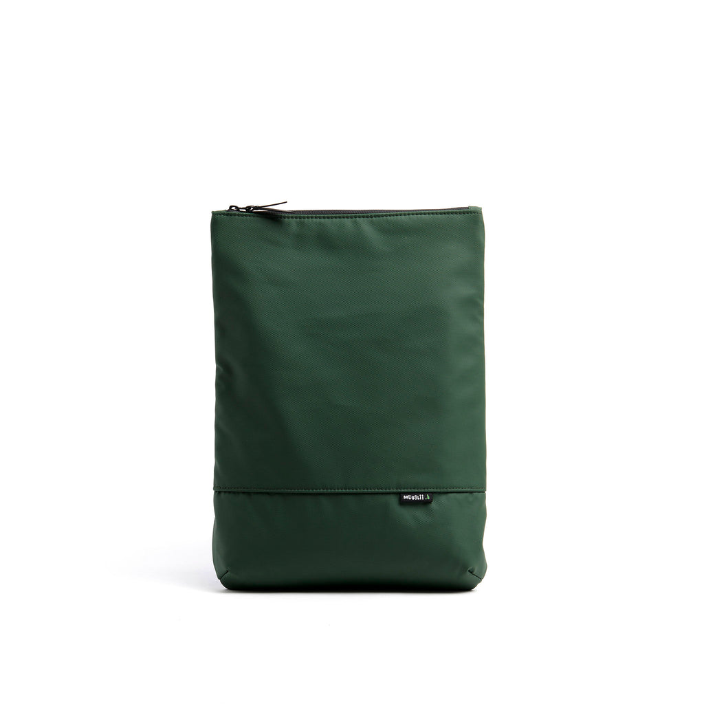 Mueslii light backpack,  made of PU coated waterproof nylon, with a laptop compartment, color olive green, front view.