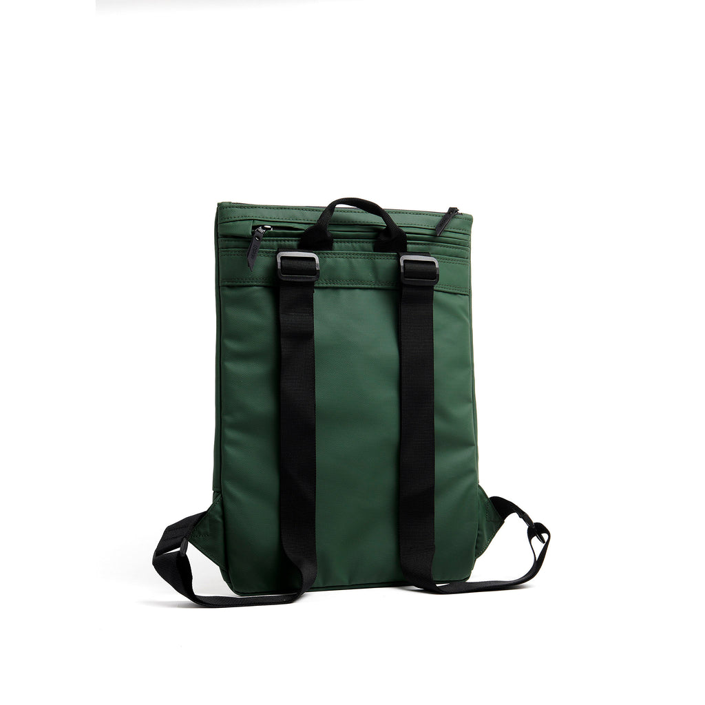 Mueslii light backpack,  made of PU coated waterproof nylon, with a laptop compartment, color green, back view.