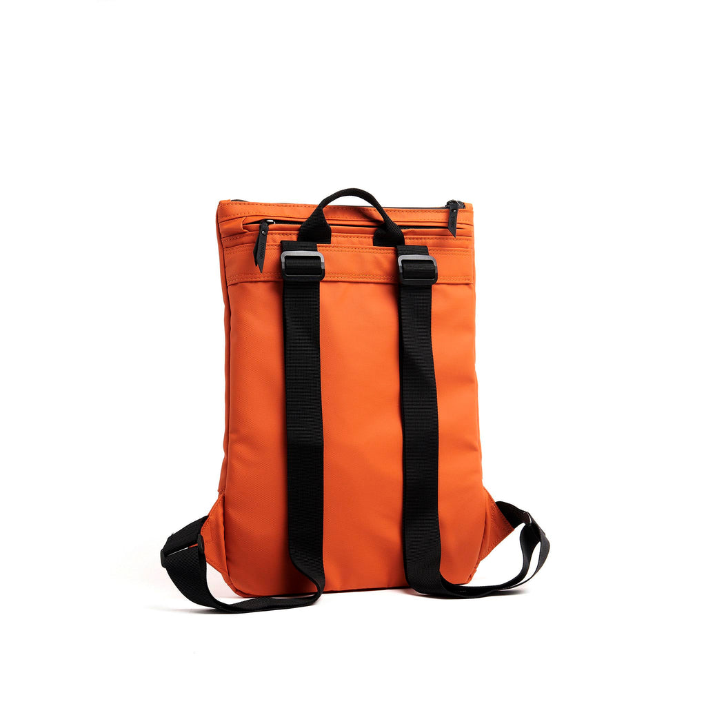 Mueslii light backpack,  made of PU coated waterproof nylon, with a laptop compartment, color orange, back view.