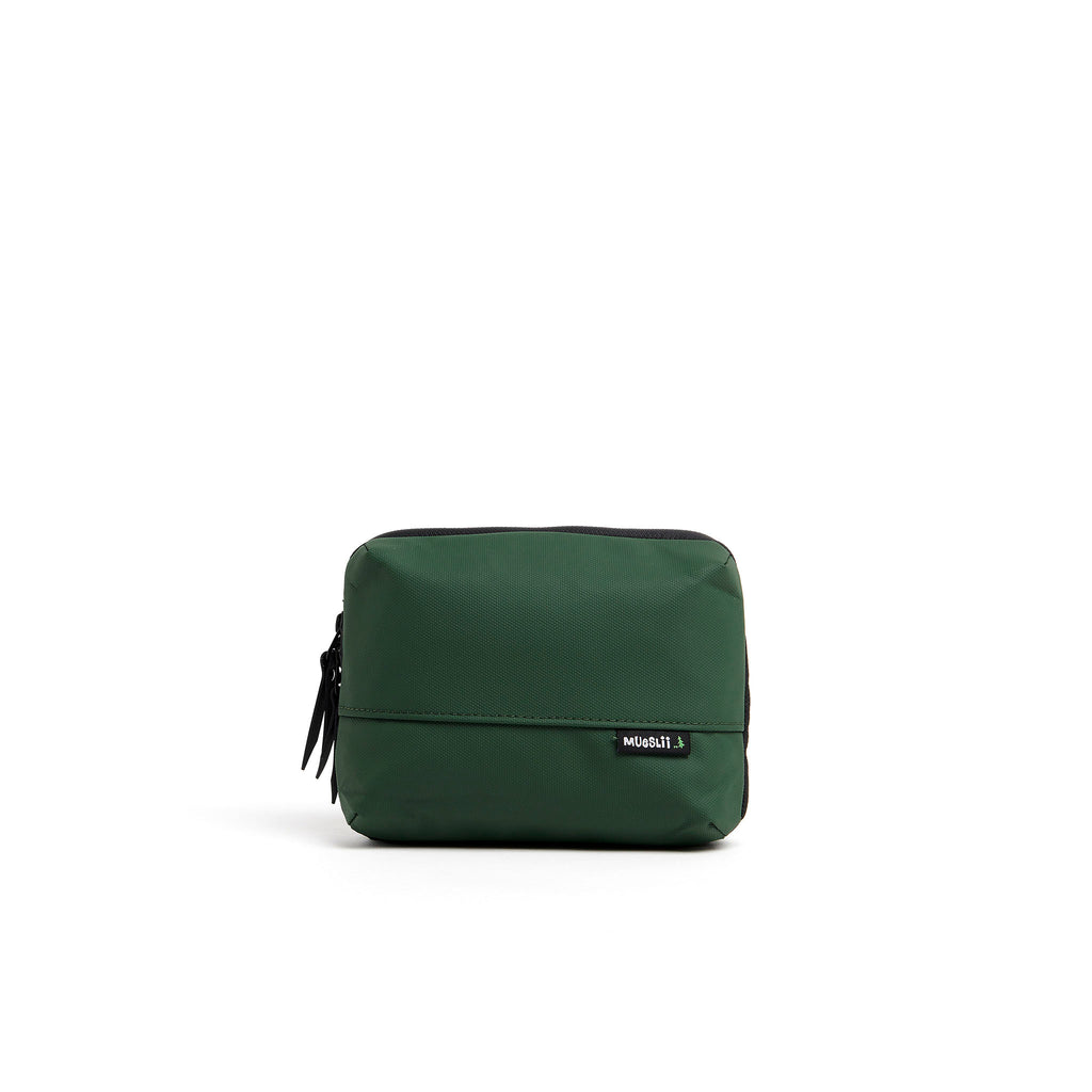 Mueslii tech case, made of PU coated waterproof nylon, color olive green, front view.