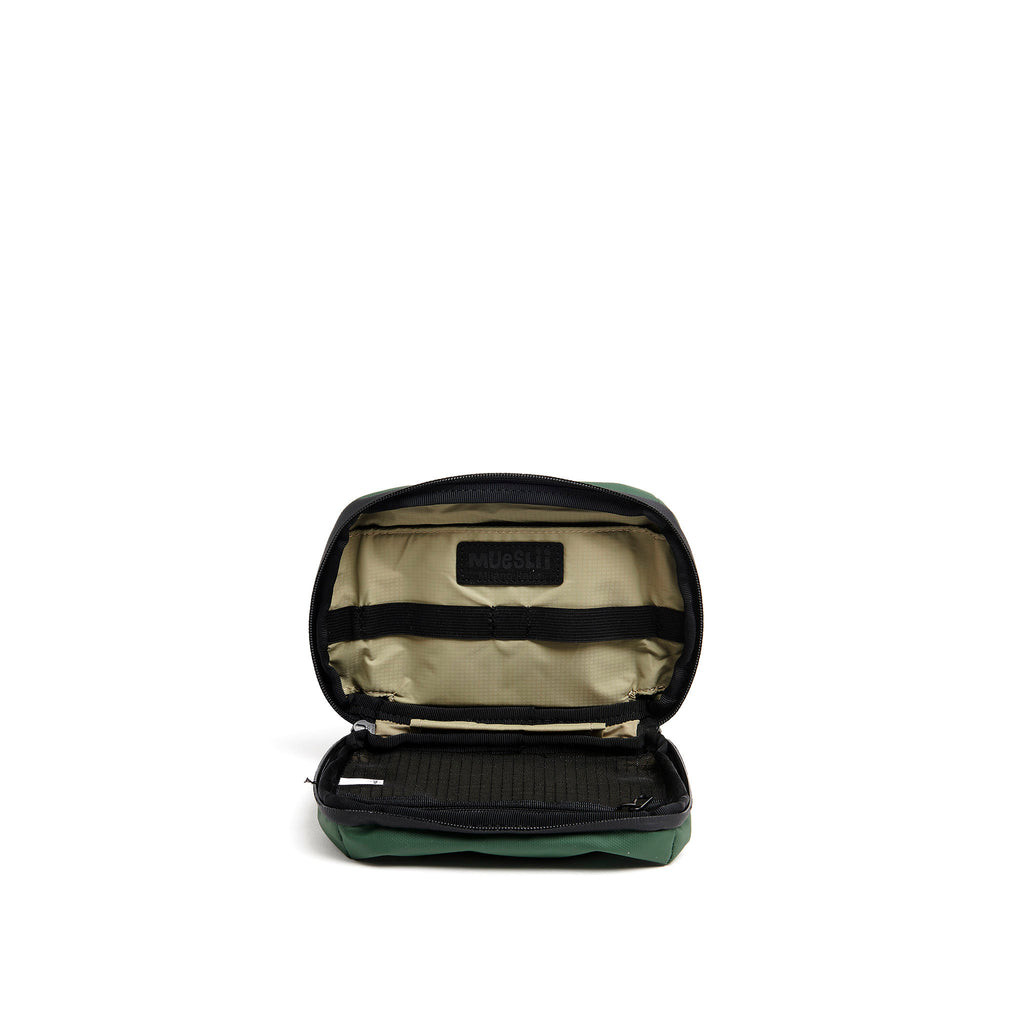 Mueslii tech case, made of PU coated waterproof nylon, color green, inside view.