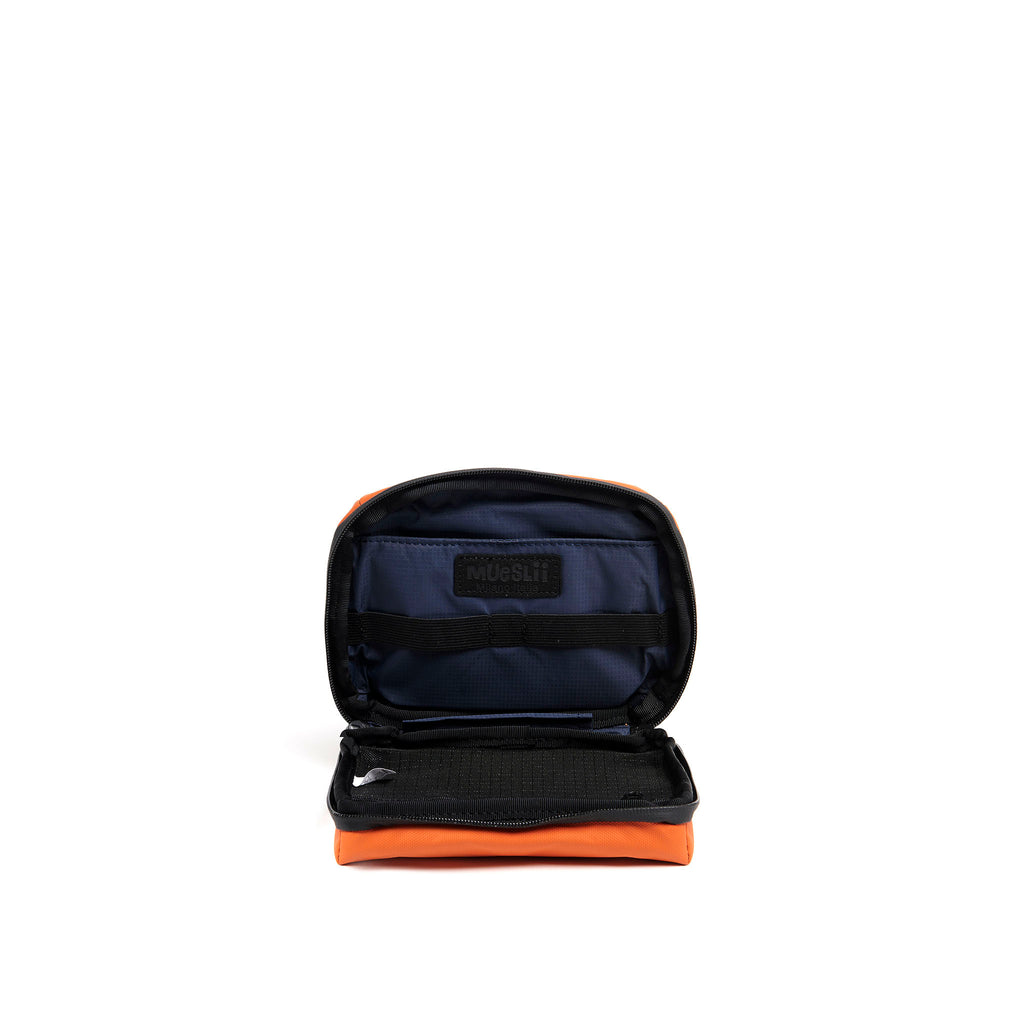Mueslii tech case, made of PU coated waterproof nylon, color orange, inside view.