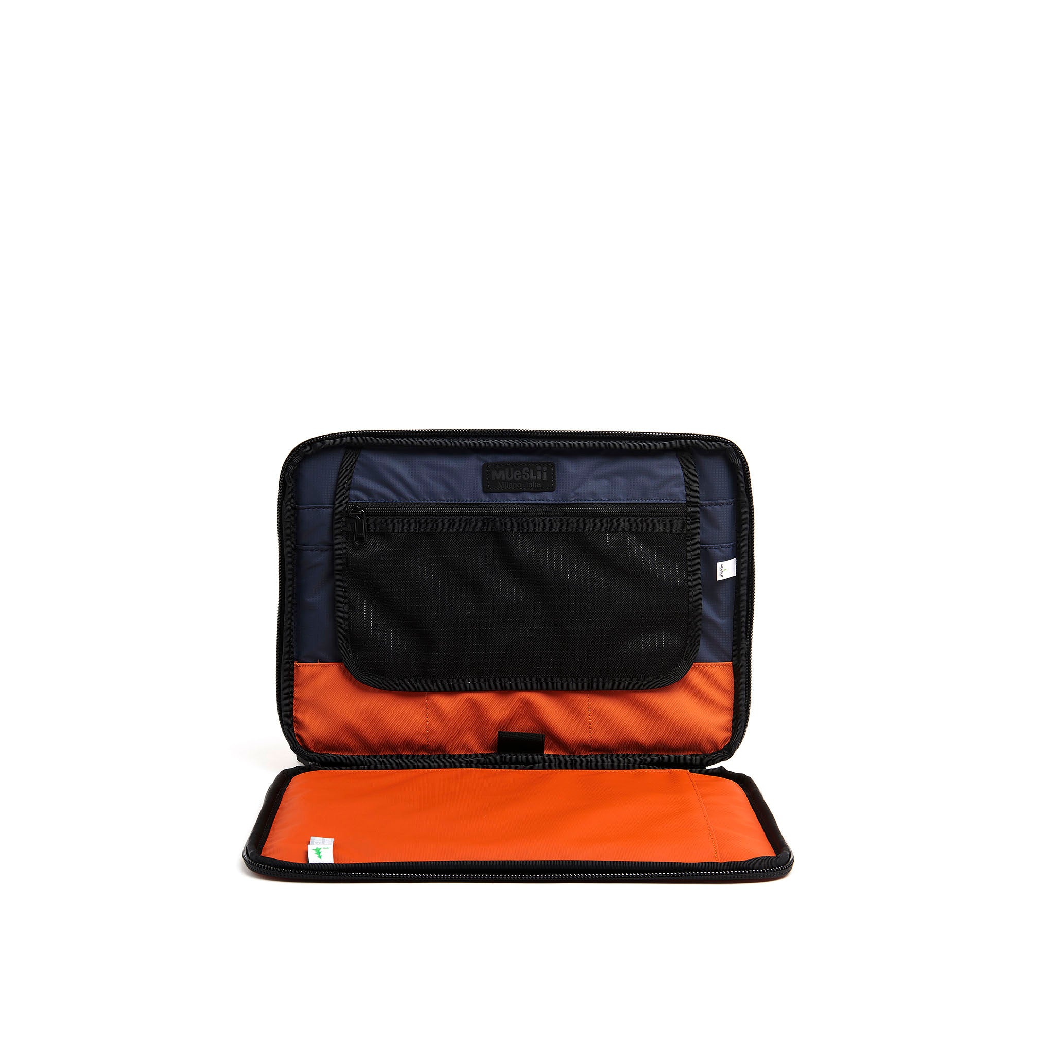 Mueslii A4 document- tech holder,  made of PU coated waterproof nylon, color orange, inside view.