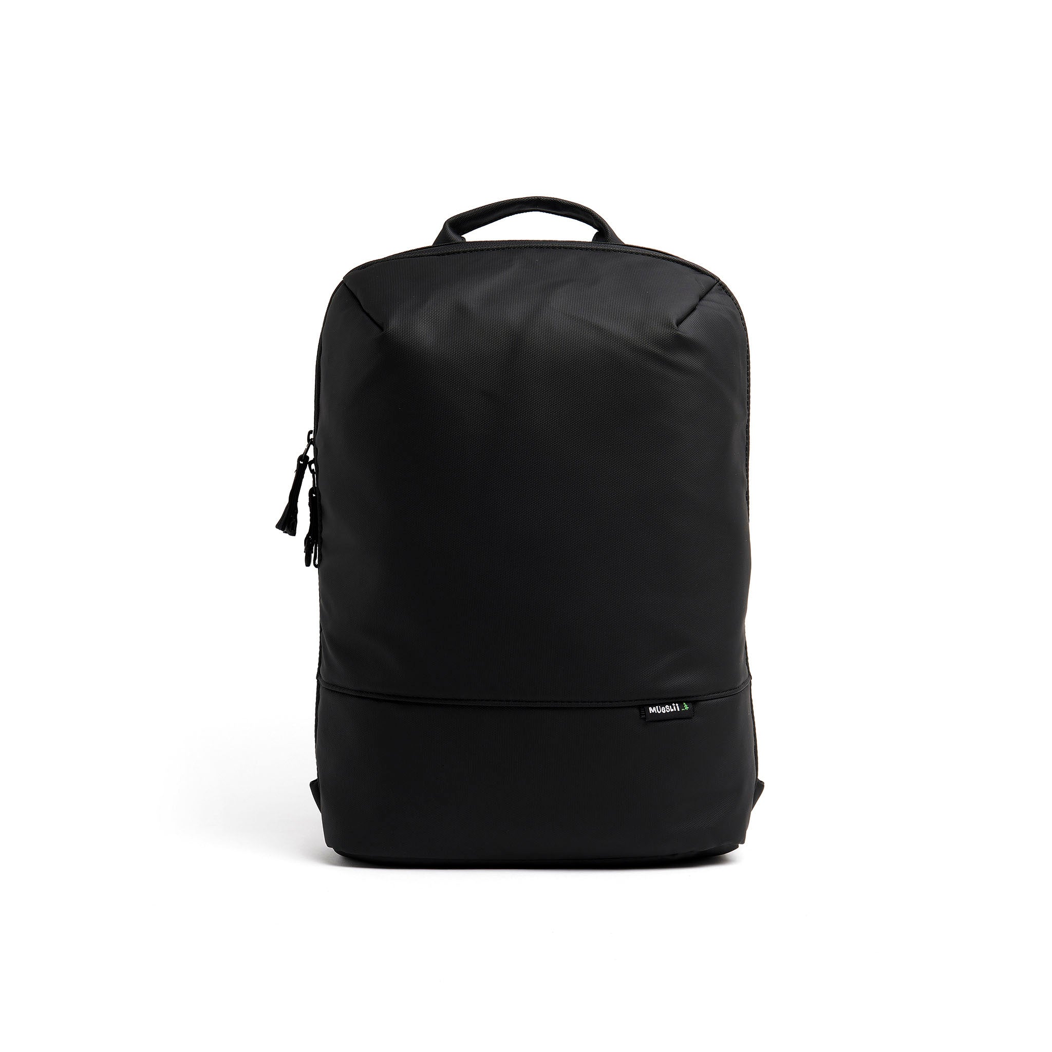 Mueslii daily backpack, made of PU coated waterproof nylon, with a laptop compartment, color coal black, front view.