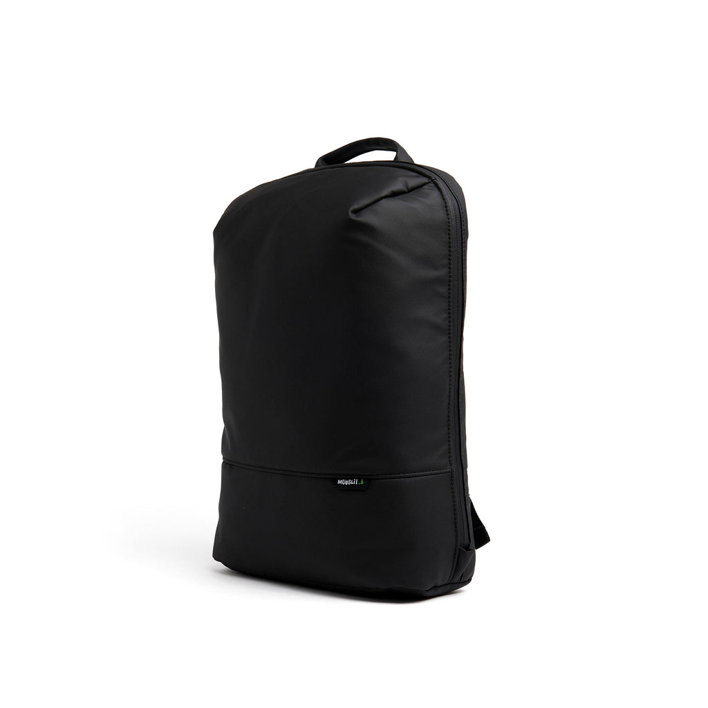 Mueslii daily backpack, made of PU coated waterproof nylon, with a laptop compartment, color black, side view.