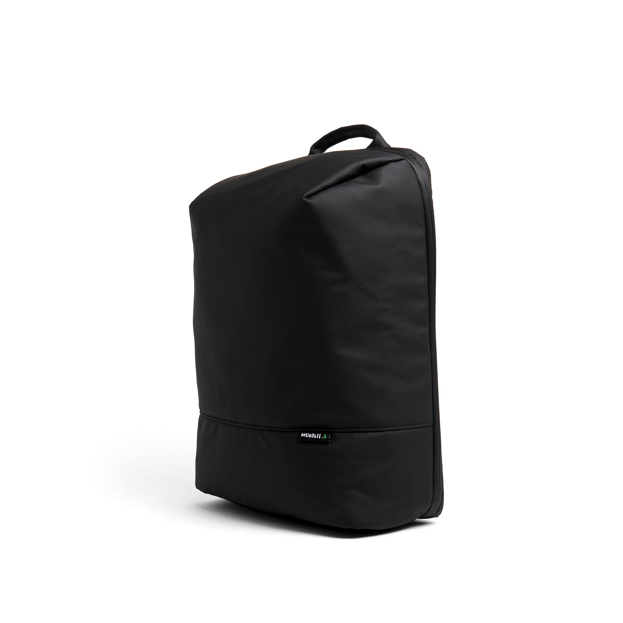 Mueslii travel backpack, made of PU coated waterproof nylon, with a laptop compartment, color coal black, side view.
