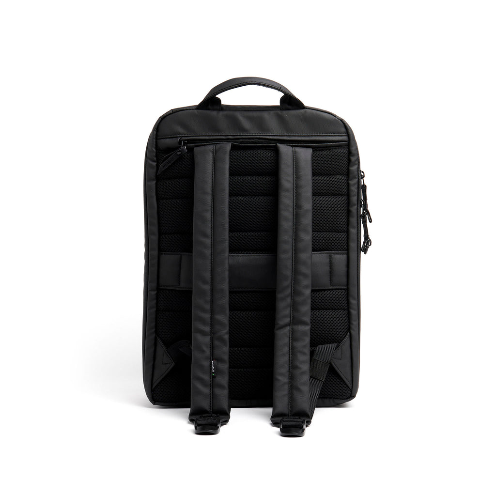 Mueslii travel backpack, made of PU coated waterproof nylon, with a laptop compartment, color black, back view.