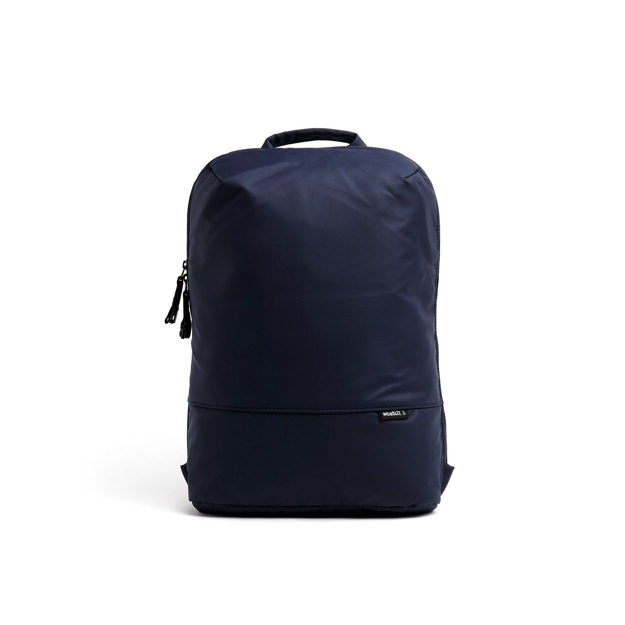 Mueslii daily backpack, made of PU coated waterproof nylon, with a laptop compartment, color midnight blue, front view.