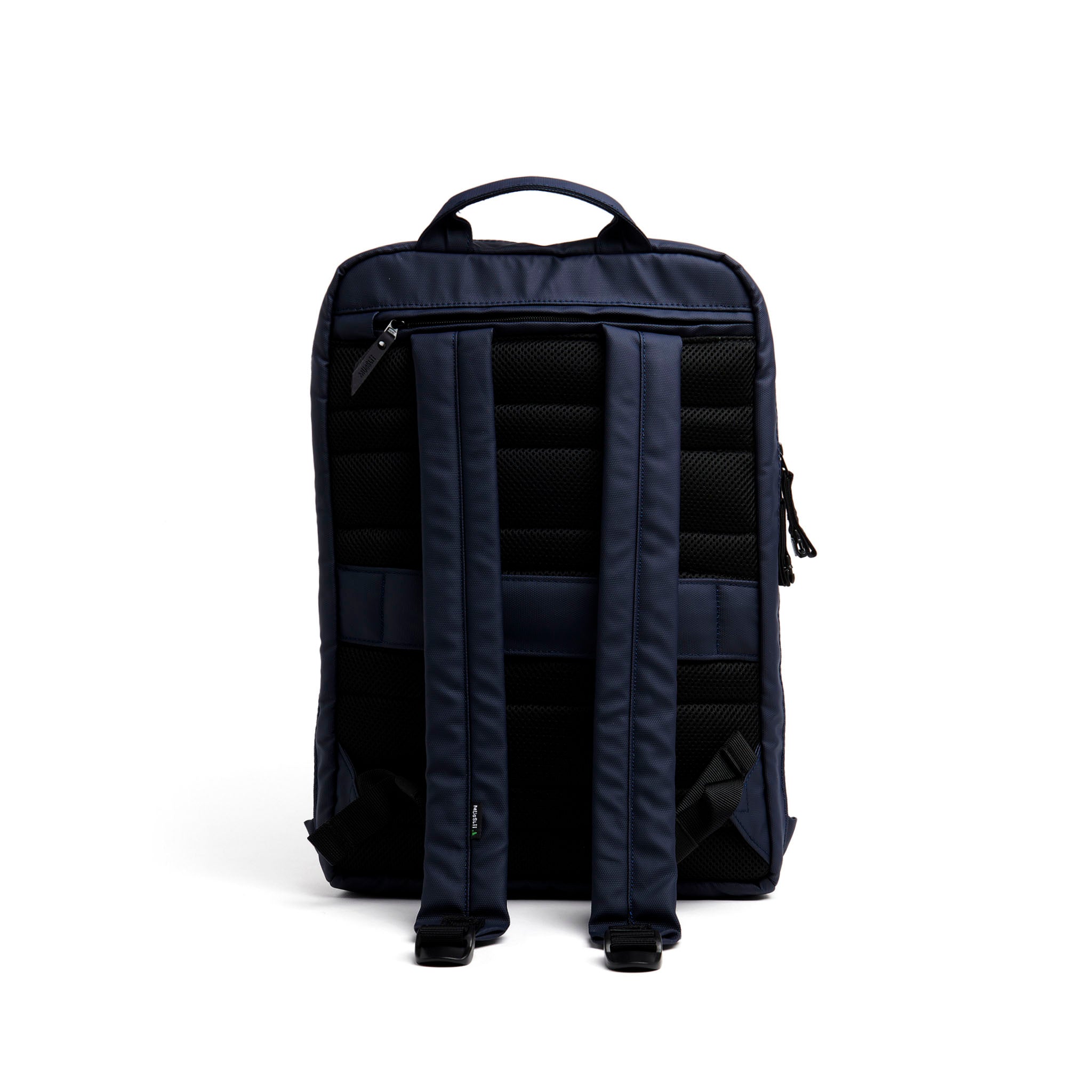 Mueslii daily backpack, made of PU coated waterproof nylon, with a laptop compartment, color blue, back vview.