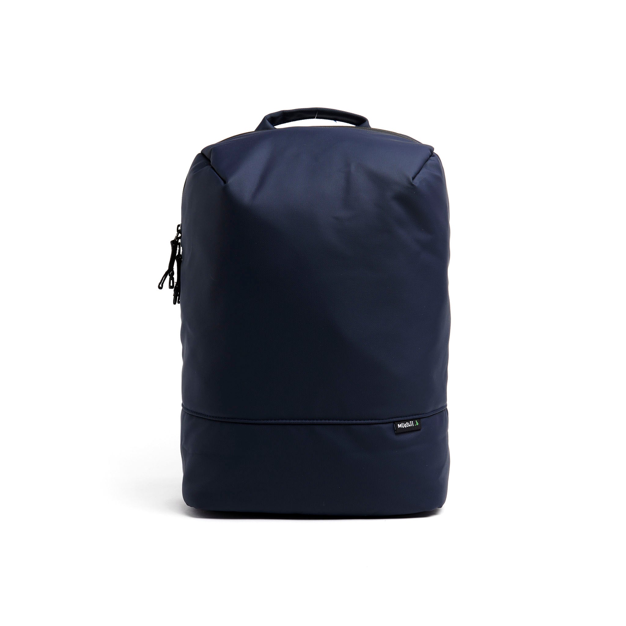 Mueslii travel backpack, made of PU coated waterproof nylon, with a laptop compartment, color midnight blue, front view.