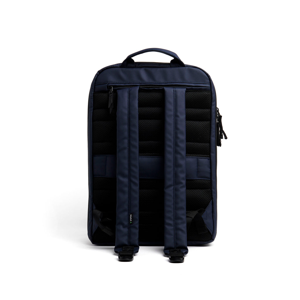Mueslii travel backpack, made of PU coated waterproof nylon, with a laptop compartment, color blue, back view.