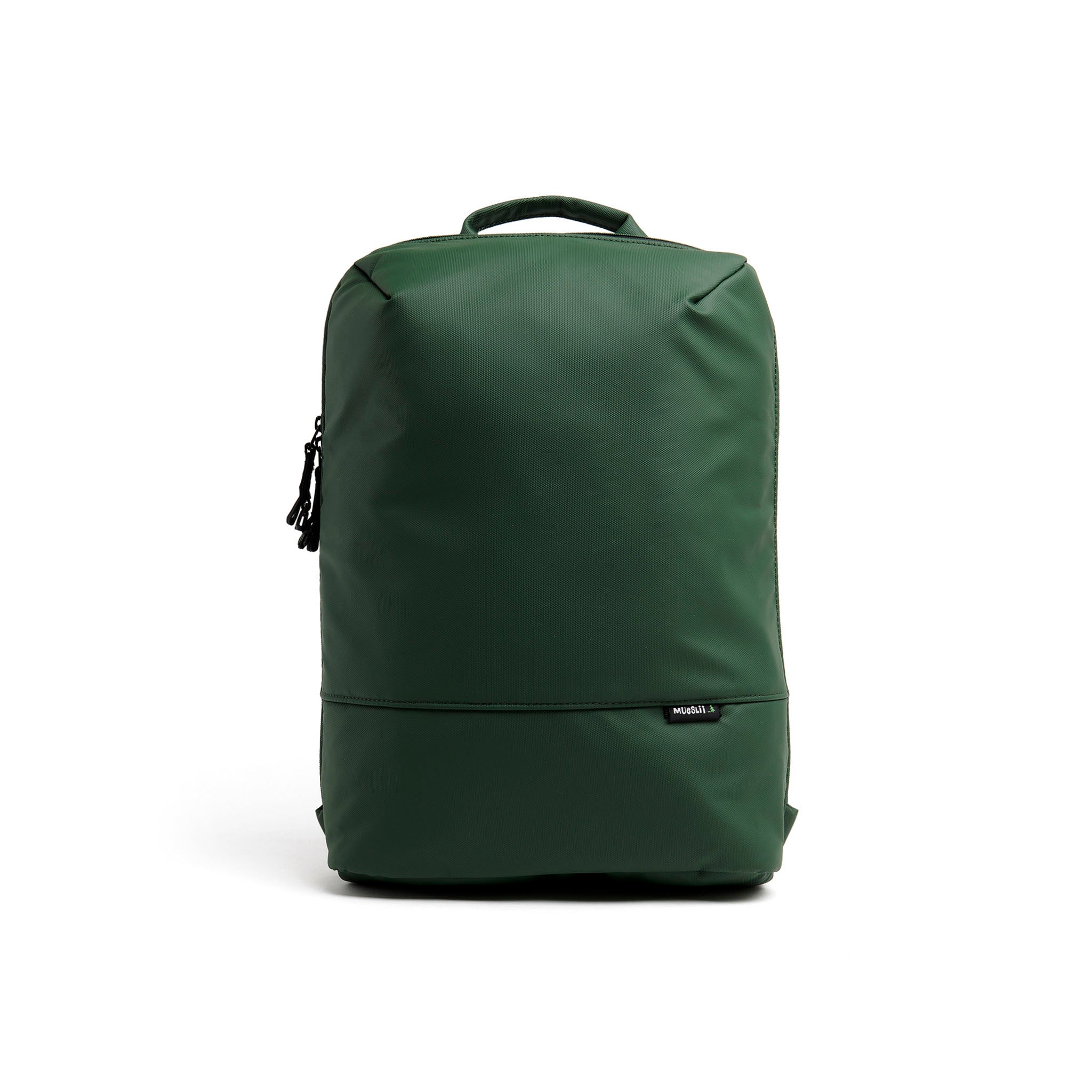Mueslii daily backpack, made of PU coated waterproof nylon, with a laptop compartment, color olive green, front view.
