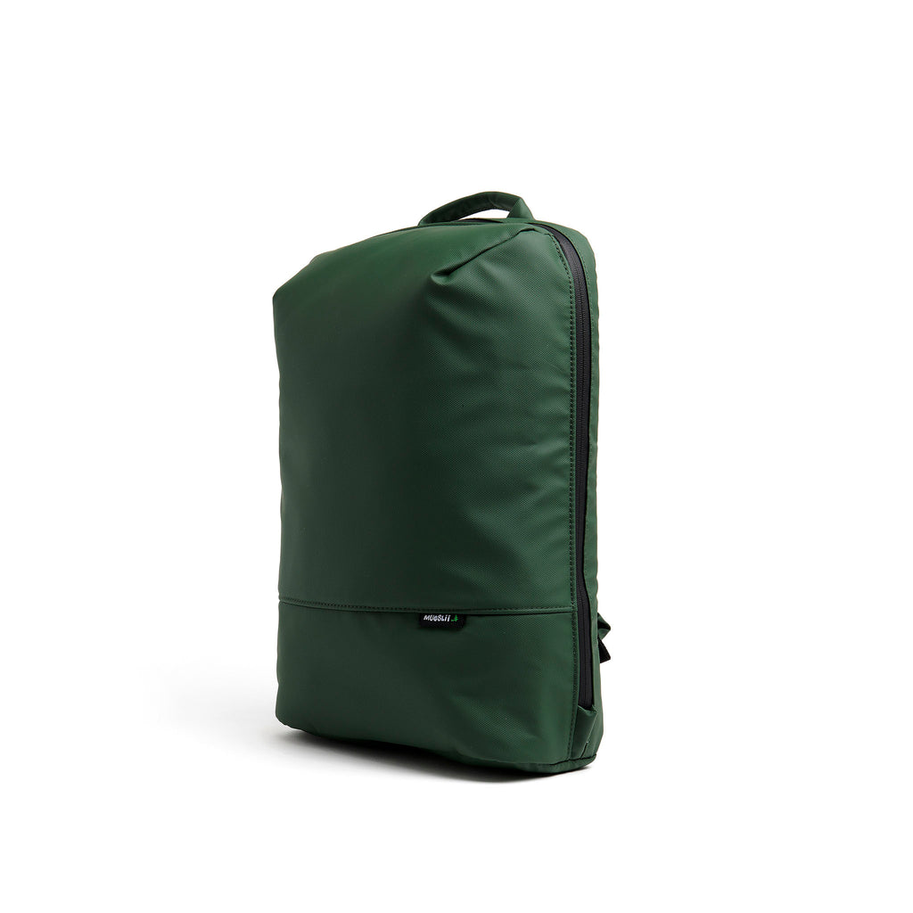 Mueslii daily backpack, made of PU coated waterproof nylon, with a laptop compartment, color green, side view.