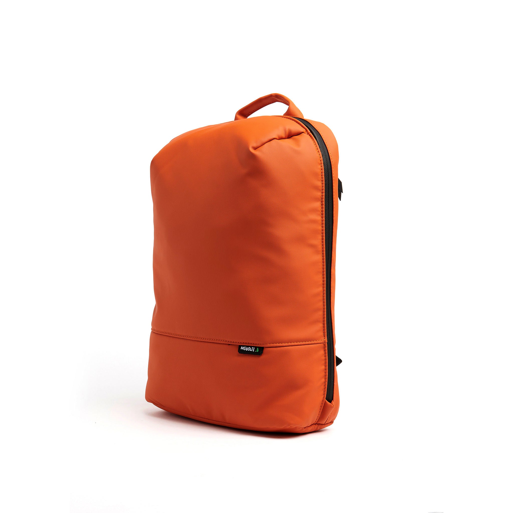 Mueslii daily backpack, made of PU coated waterproof nylon, with a laptop compartment, color orange, side view.