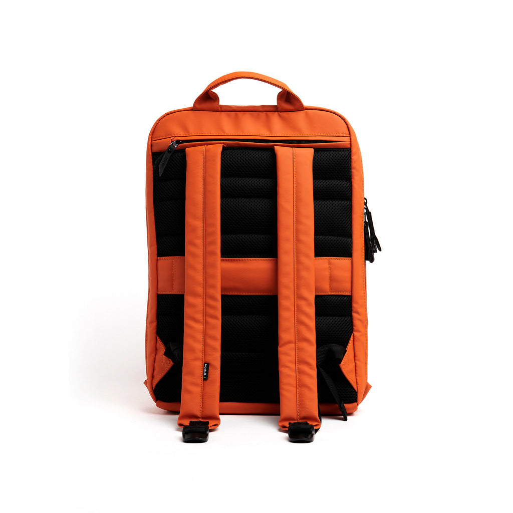 Mueslii daily backpack, made of PU coated waterproof nylon, with a laptop compartment, color orange, back view.
