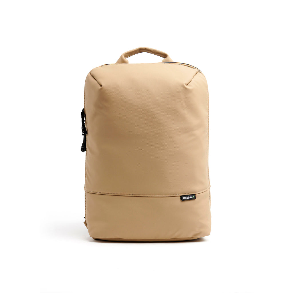 Mueslii daily backpack, made of PU coated waterproof nylon, with a laptop compartment, color sand, front view.
