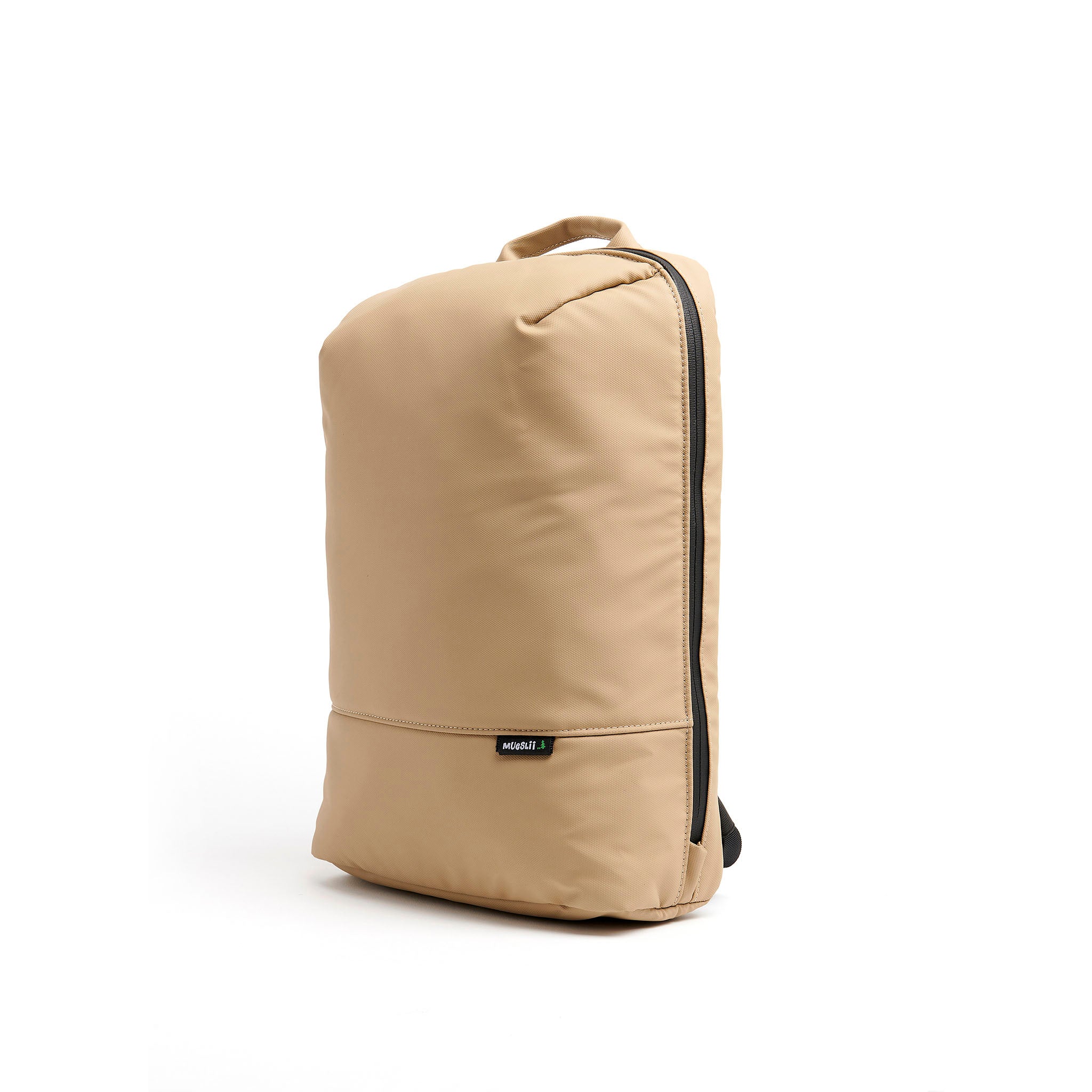 Mueslii daily backpack, made of PU coated waterproof nylon, with a laptop compartment, color sand, side view.