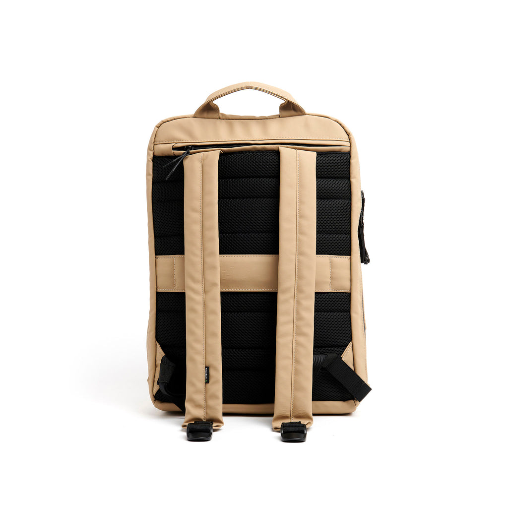 Mueslii daily backpack, made of PU coated waterproof nylon, with a laptop compartment, color sand, back view.