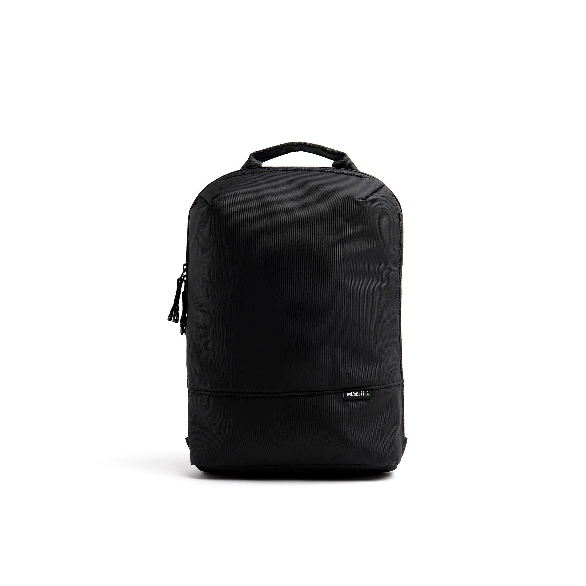Mueslii small backpack, made of PU coated waterproof nylon, with a laptop compartment, color coal black, front view.