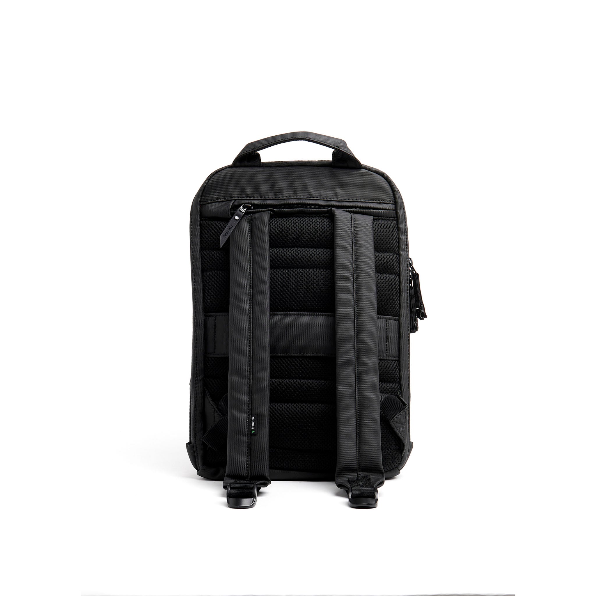 Mueslii small backpack, made of PU coated waterproof nylon, with a laptop compartment, color black, back view.