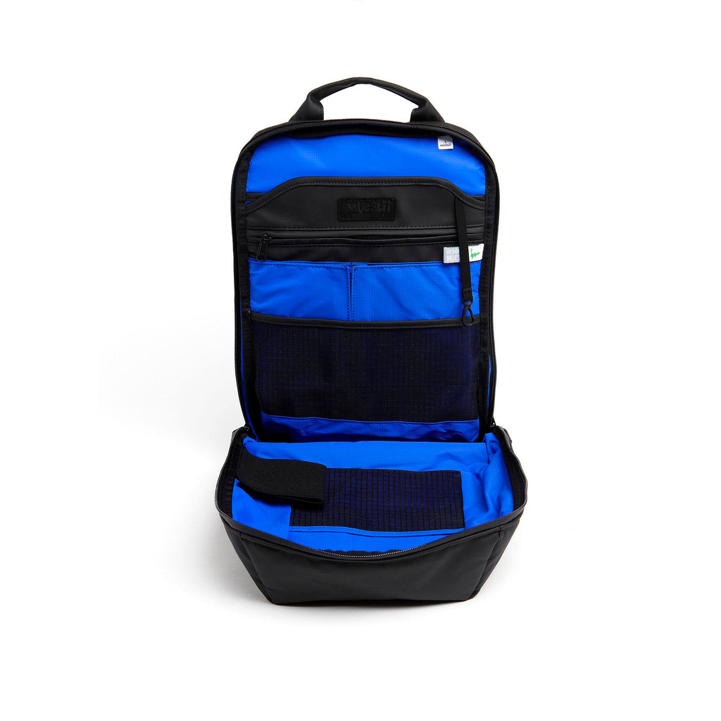 Mueslii travel backpack, made of PU coated waterproof nylon, with a laptop compartment, color black, inside view.