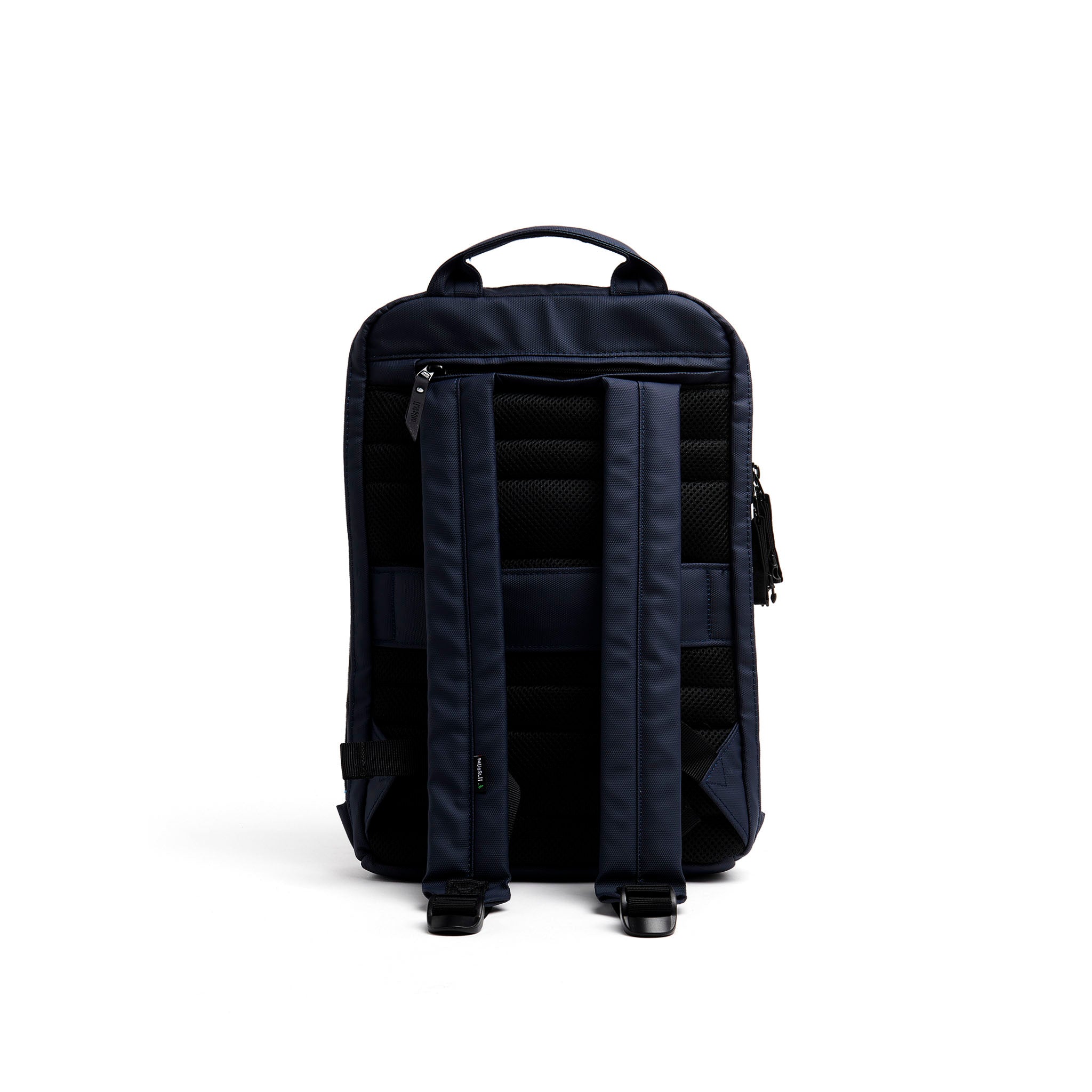 Mueslii small backpack, made of PU coated waterproof nylon, with a laptop compartment, color blue, back view.