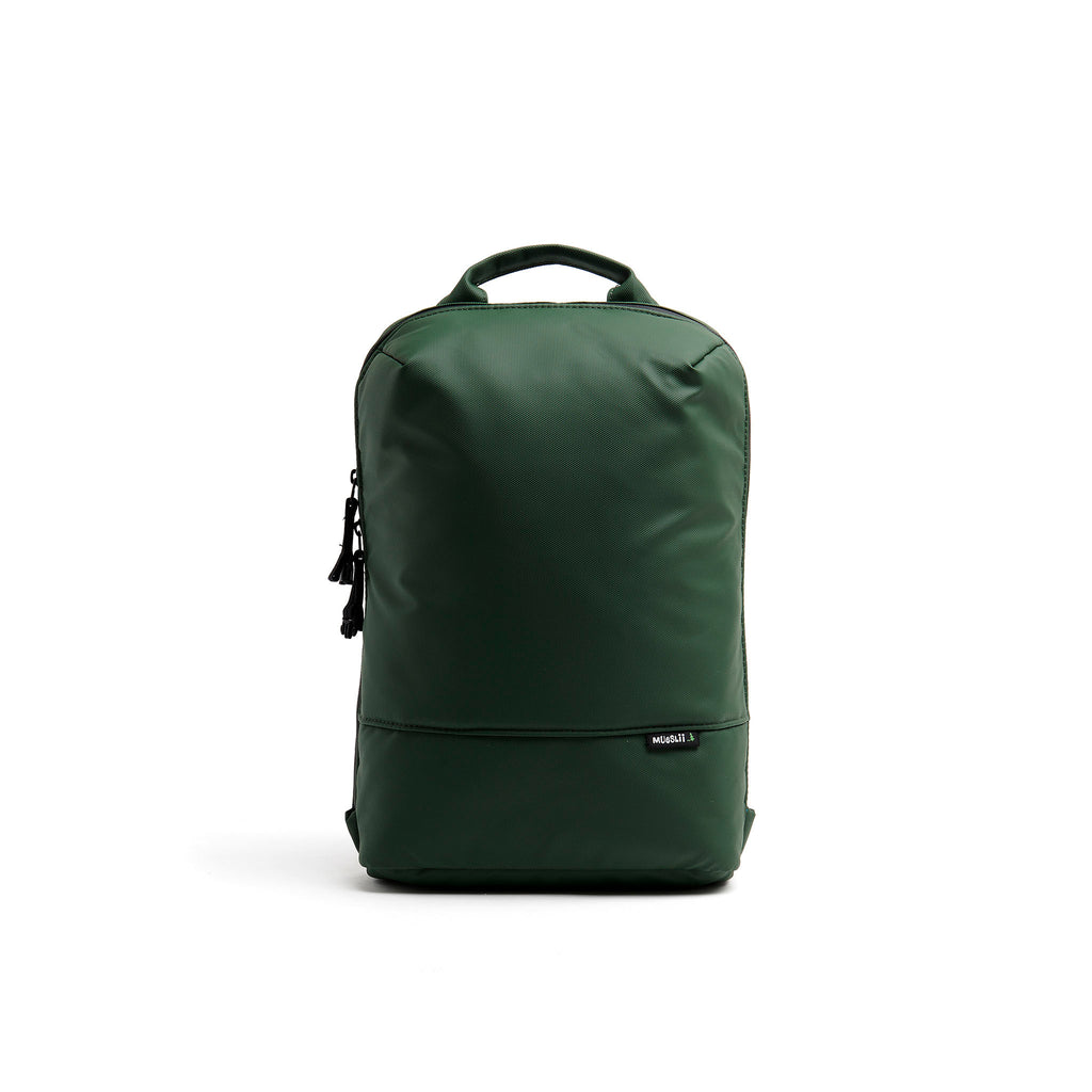 Mueslii small backpack, made of PU coated waterproof nylon, with a laptop compartment, color olive green, front view.