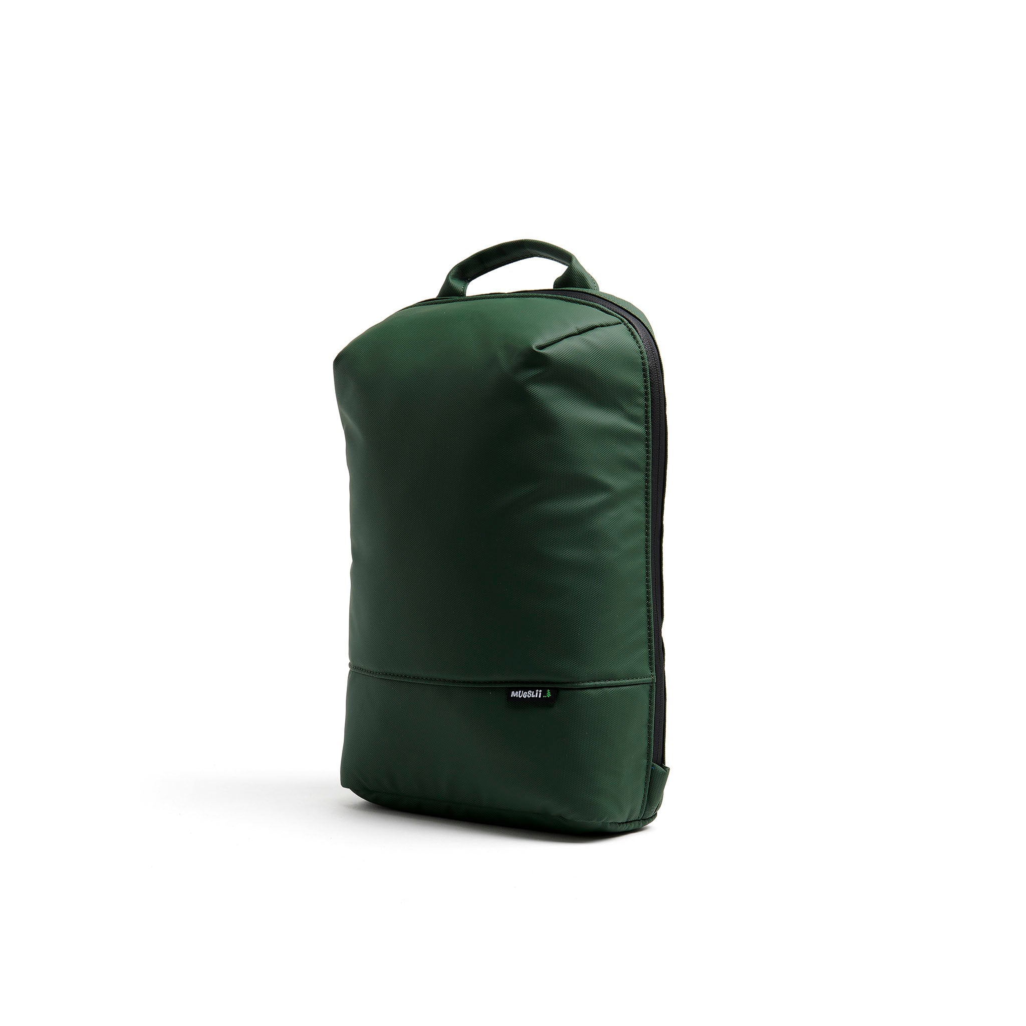 Mueslii small backpack, made of PU coated waterproof nylon, with a laptop compartment, color green, side view.