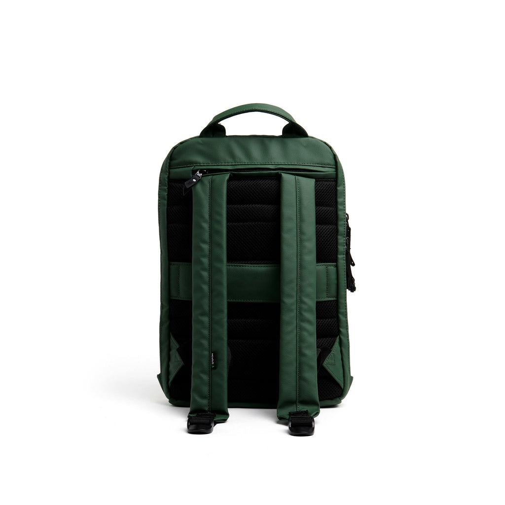 Mueslii small backpack, made of PU coated waterproof nylon, with a laptop compartment, color green, back view.