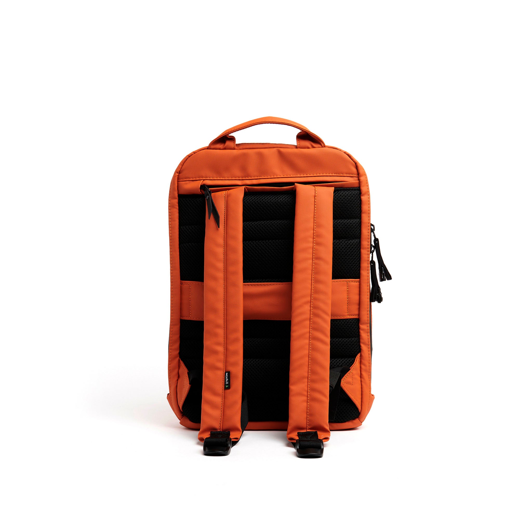 Mueslii small backpack, made of PU coated waterproof nylon, with a laptop compartment, color orange, back view.