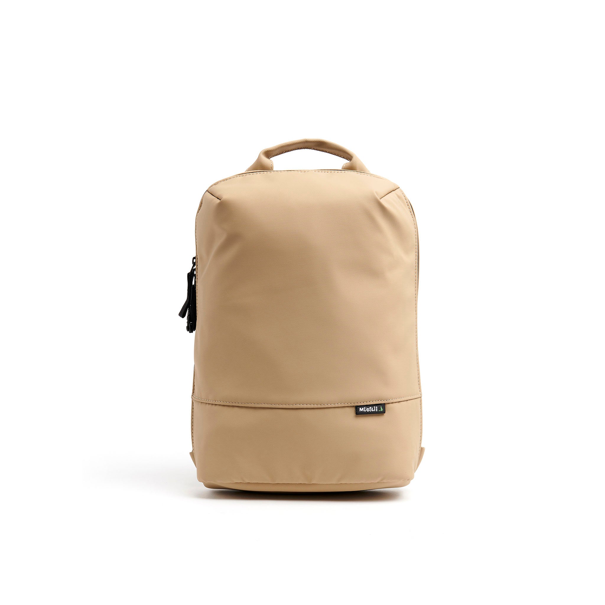 Mueslii small backpack, made of PU coated waterproof nylon, with a laptop compartment, color sand, front view.