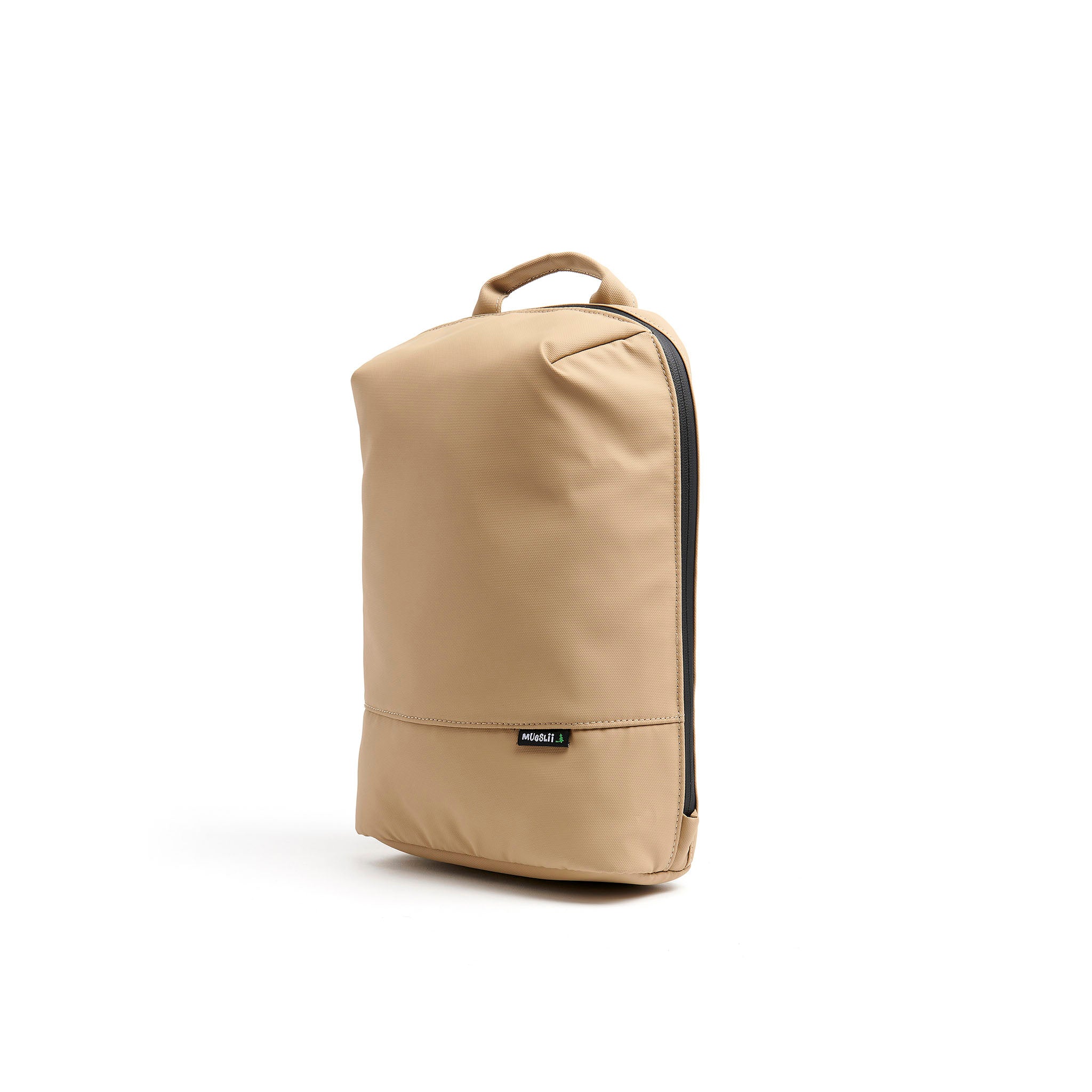 Mueslii small backpack, made of PU coated waterproof nylon, with a laptop compartment, color sand, side view.