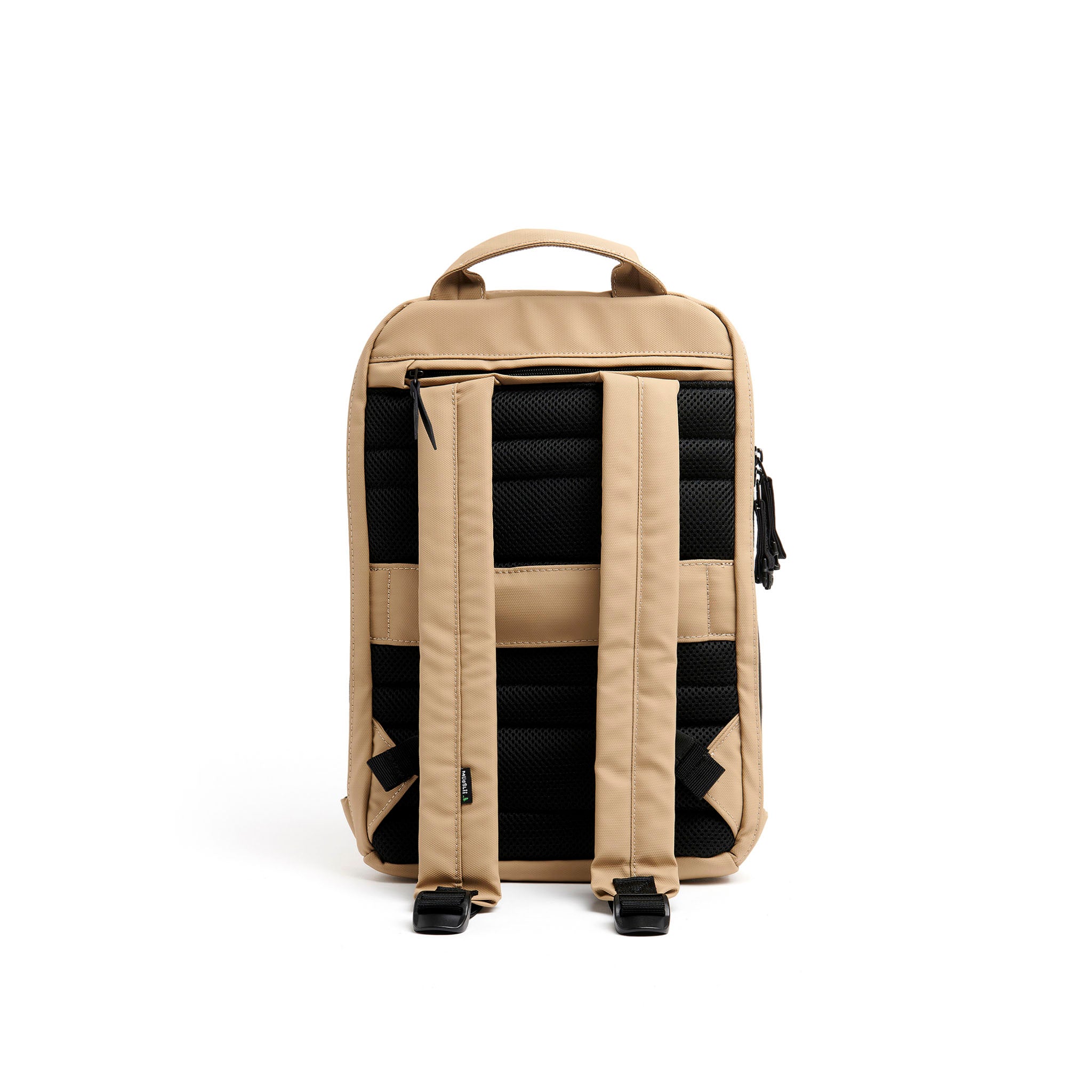 Mueslii small backpack, made of PU coated waterproof nylon, with a laptop compartment, color sand, back view.